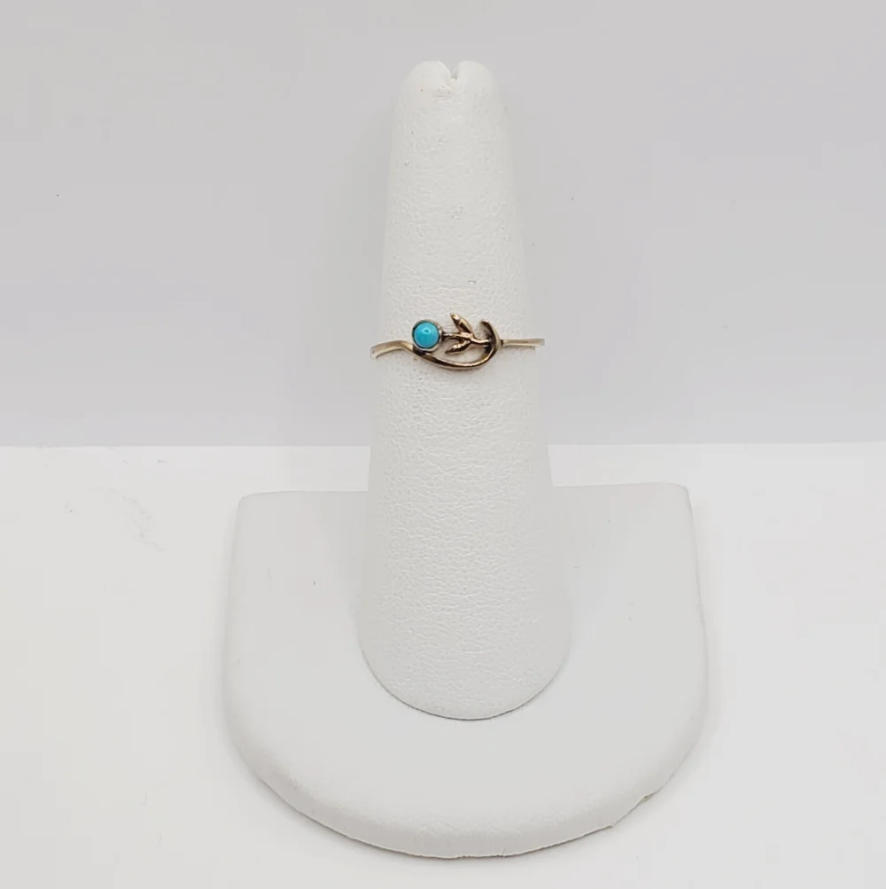 8k Solid Yellow Gold Tiny Cabochon Turquoise Ring Flower Ring Floral Ring